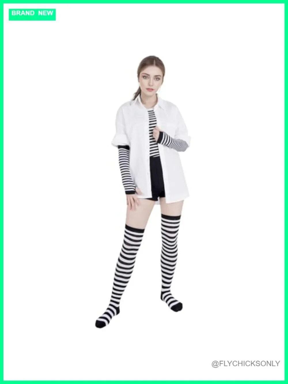 Arm Warmers & Knee High Socks Set Fingerless Gloves Knit Slim